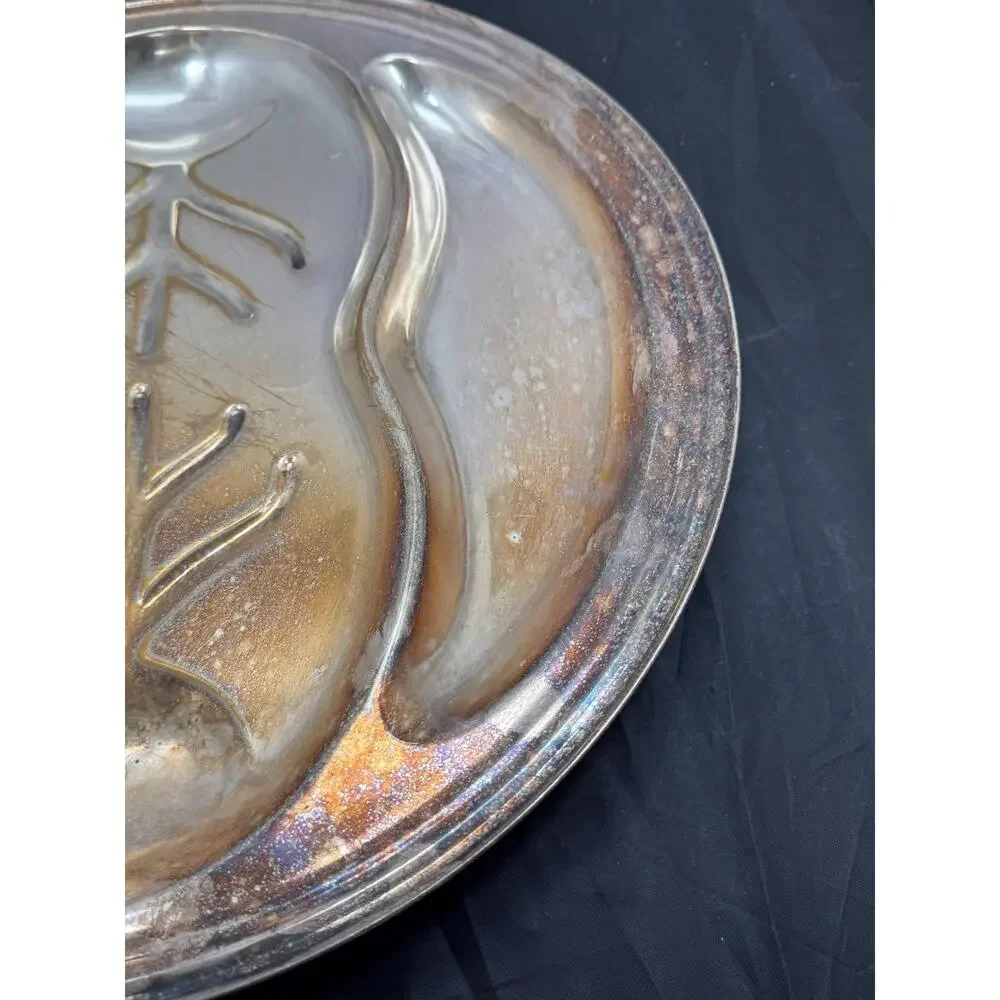 Vtg Silver on Copper 3 Section Divided Relish Platter Tray Pear Footed Dish 18
